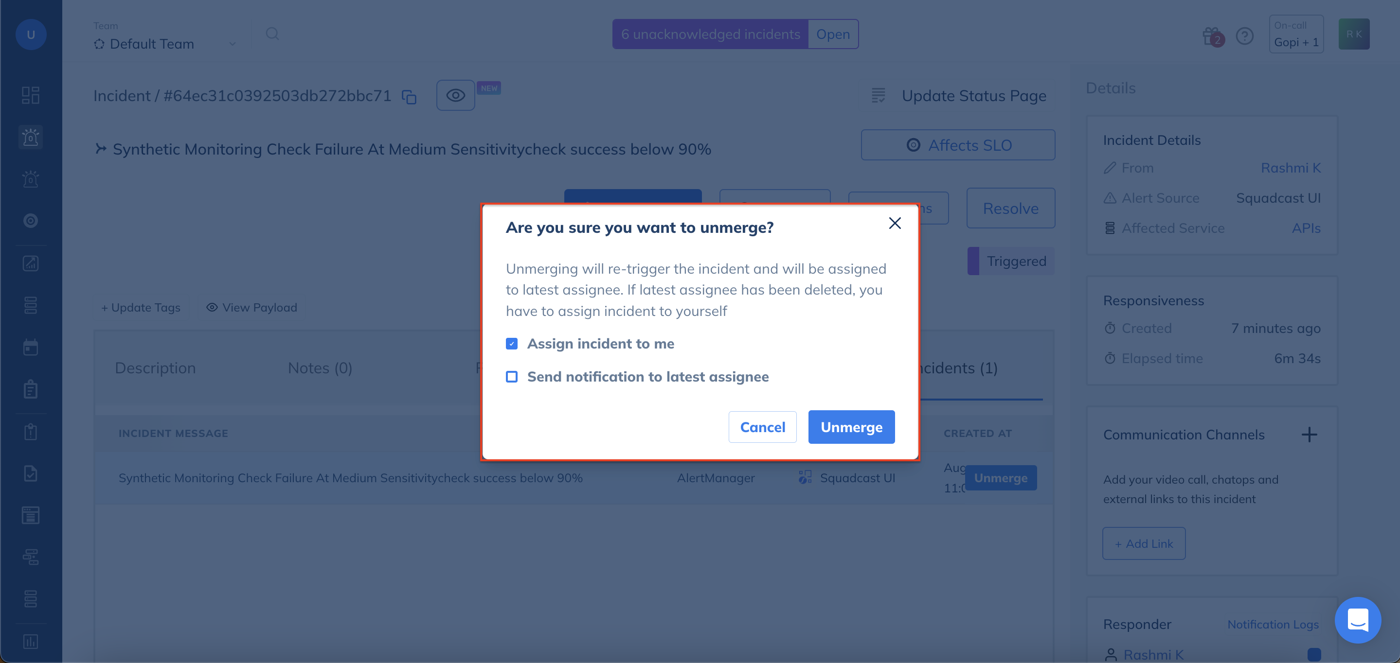 Assign unmerged incident in Squadcast for Incident Management