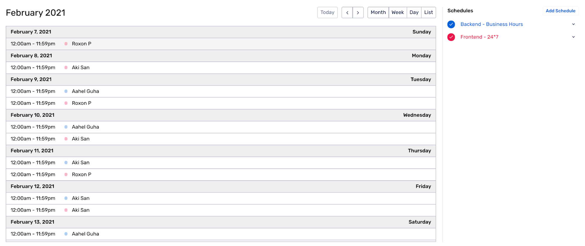 List View of an On-Call Schedule