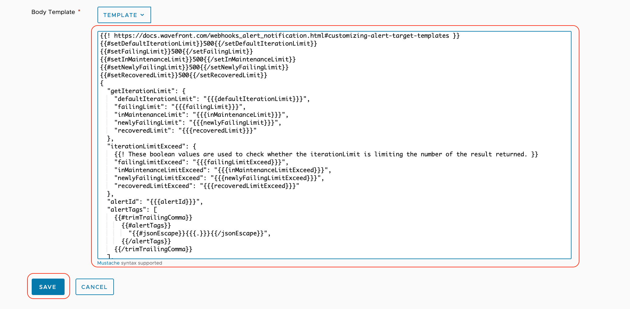 Save configurations for a Alert Target in Wavefront