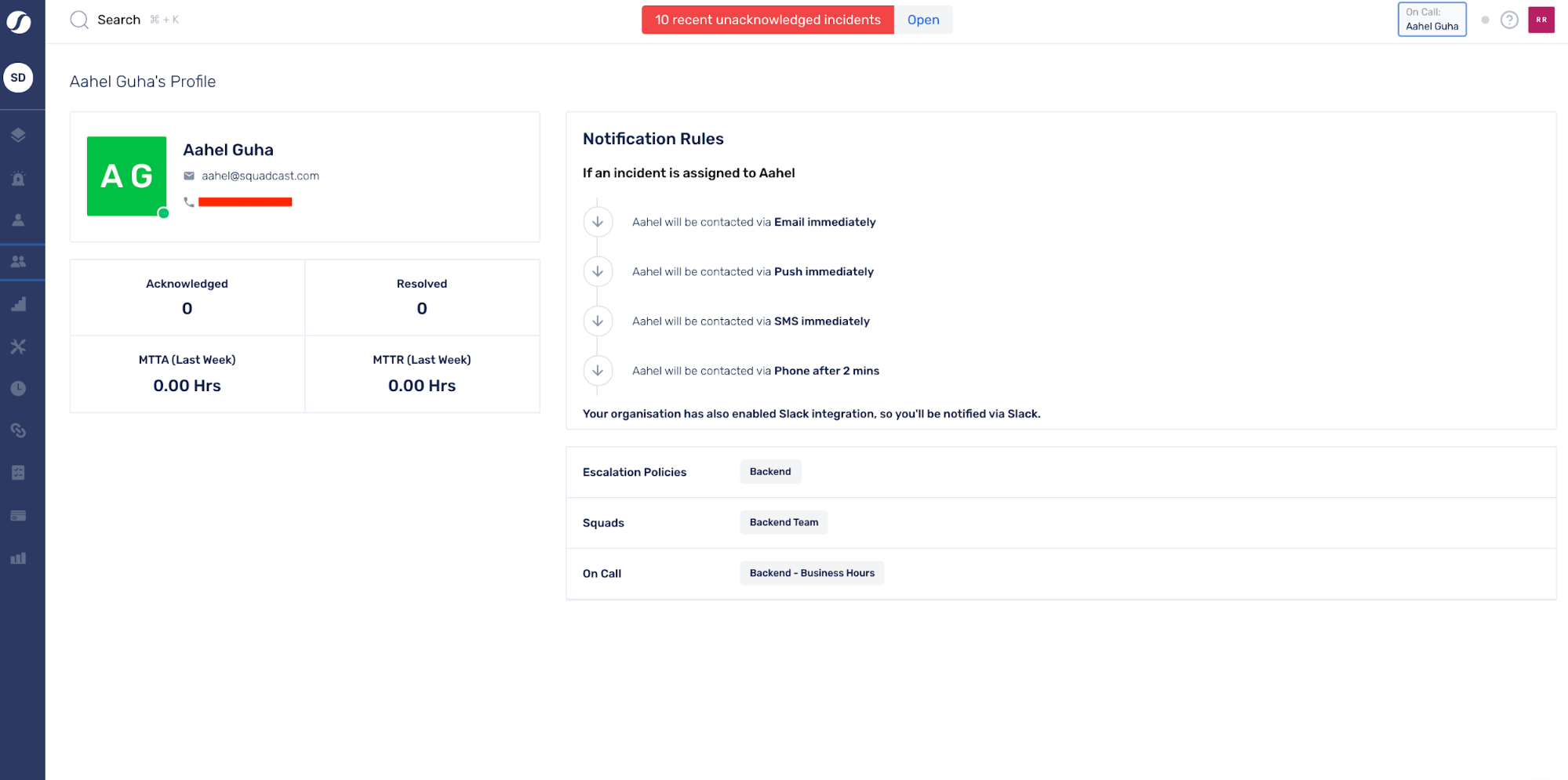 View Profile Page of current on-call engineer in Squadcast