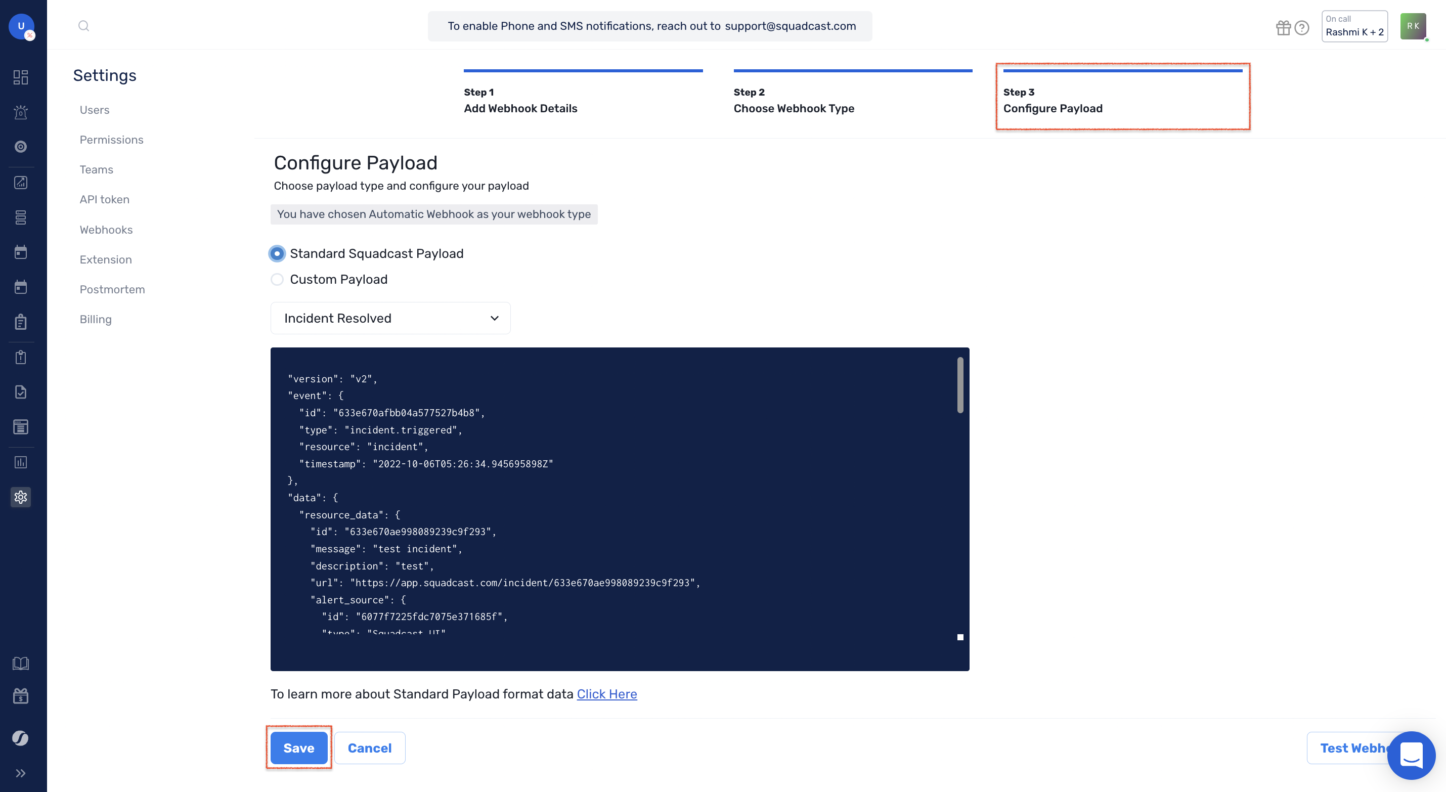 Step 3(b): Configure payload for Automatic Webhook