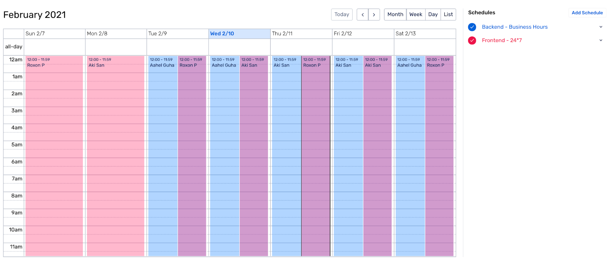 Weekly View of an On-Call Schedule