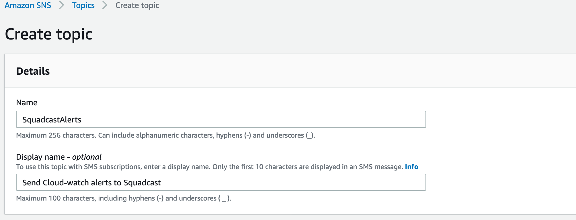 Create a Squadcast Webhook in Amazon CloudWatch - Topic Configuration: Fill in Details and Create Topic