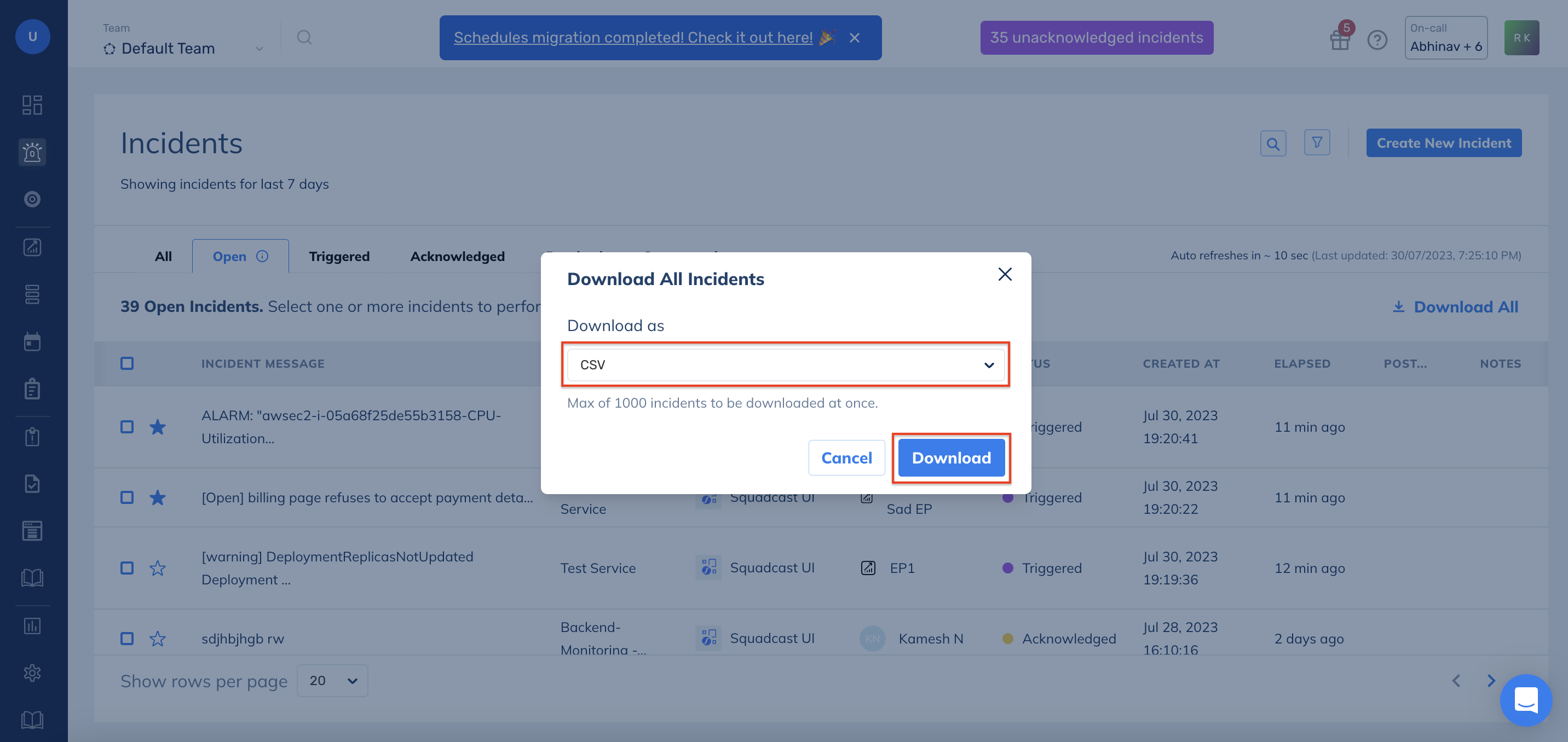 Download Incidents in Squadcast for Incident Management