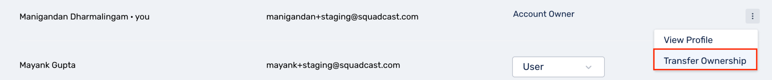 transfer ownership in Squadcast