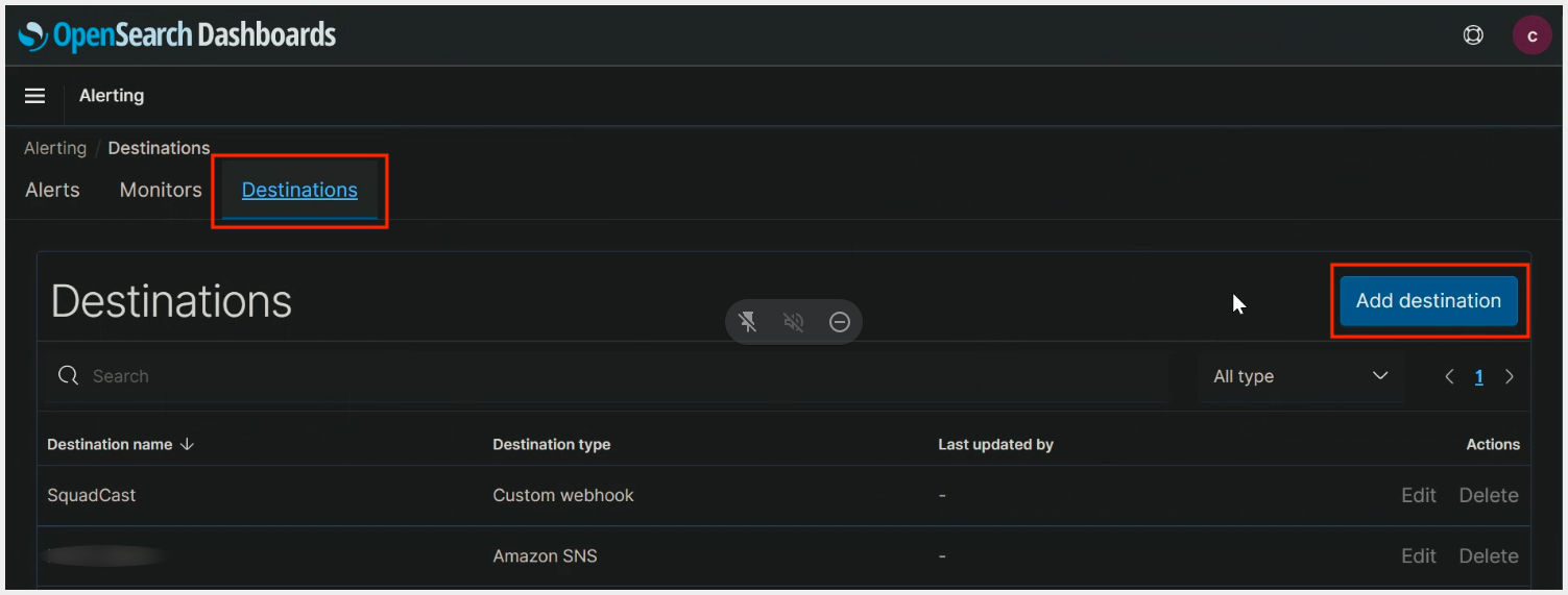 Add destinations to integrate Squadcast webhook in Amazon open search dashboard