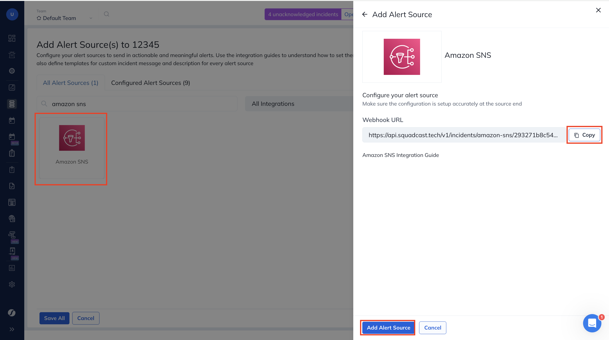 Steps to add Amazon SNS integration to a service in Squadcast