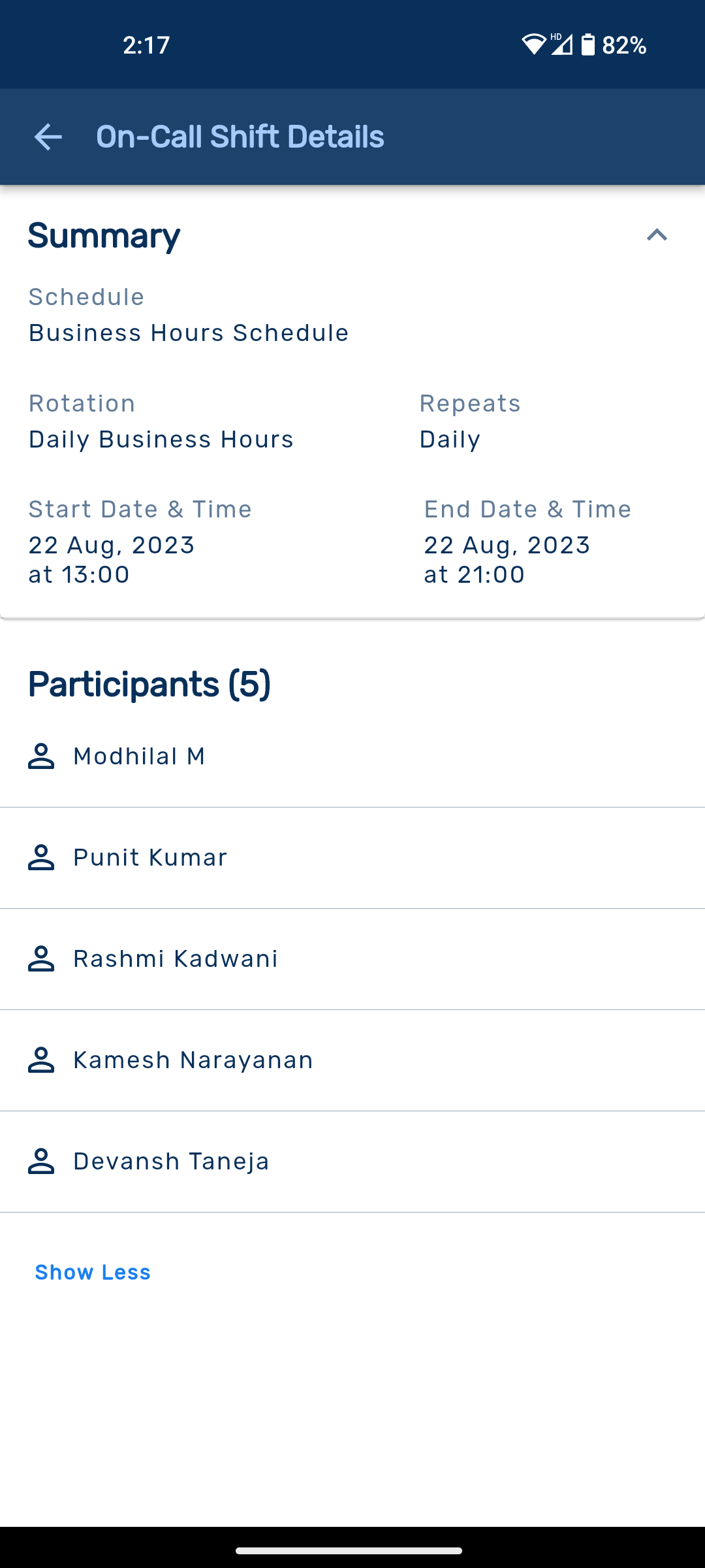 Shift Details Screen in Squadcast mobile app for Incident Management
