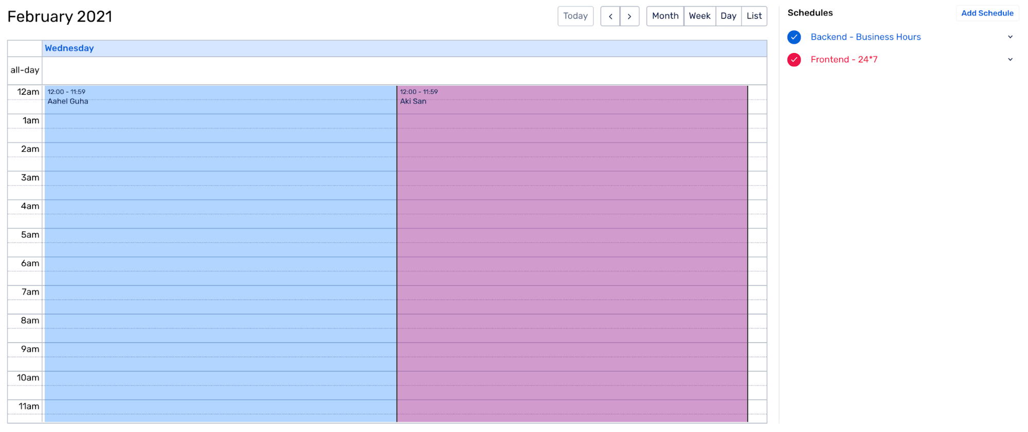 Daily View of an On-call Schedule