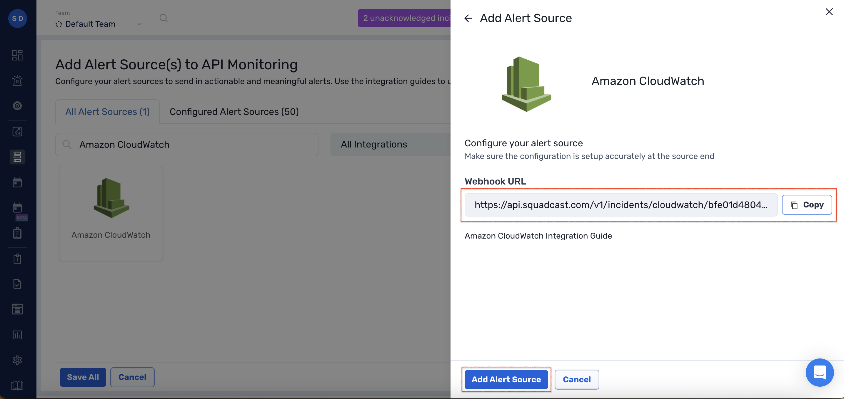 Steps to add Amazon CloudWatch integration to a service in Squadcast