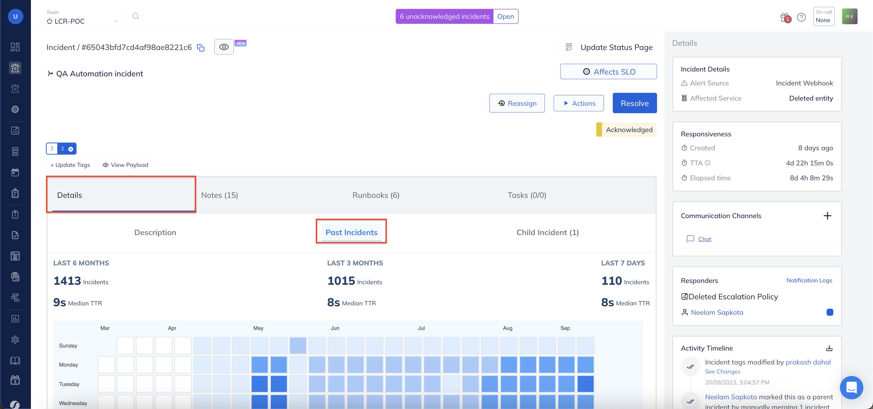 Past Incidents on the Incident Details page in Squadcast for Incident Management