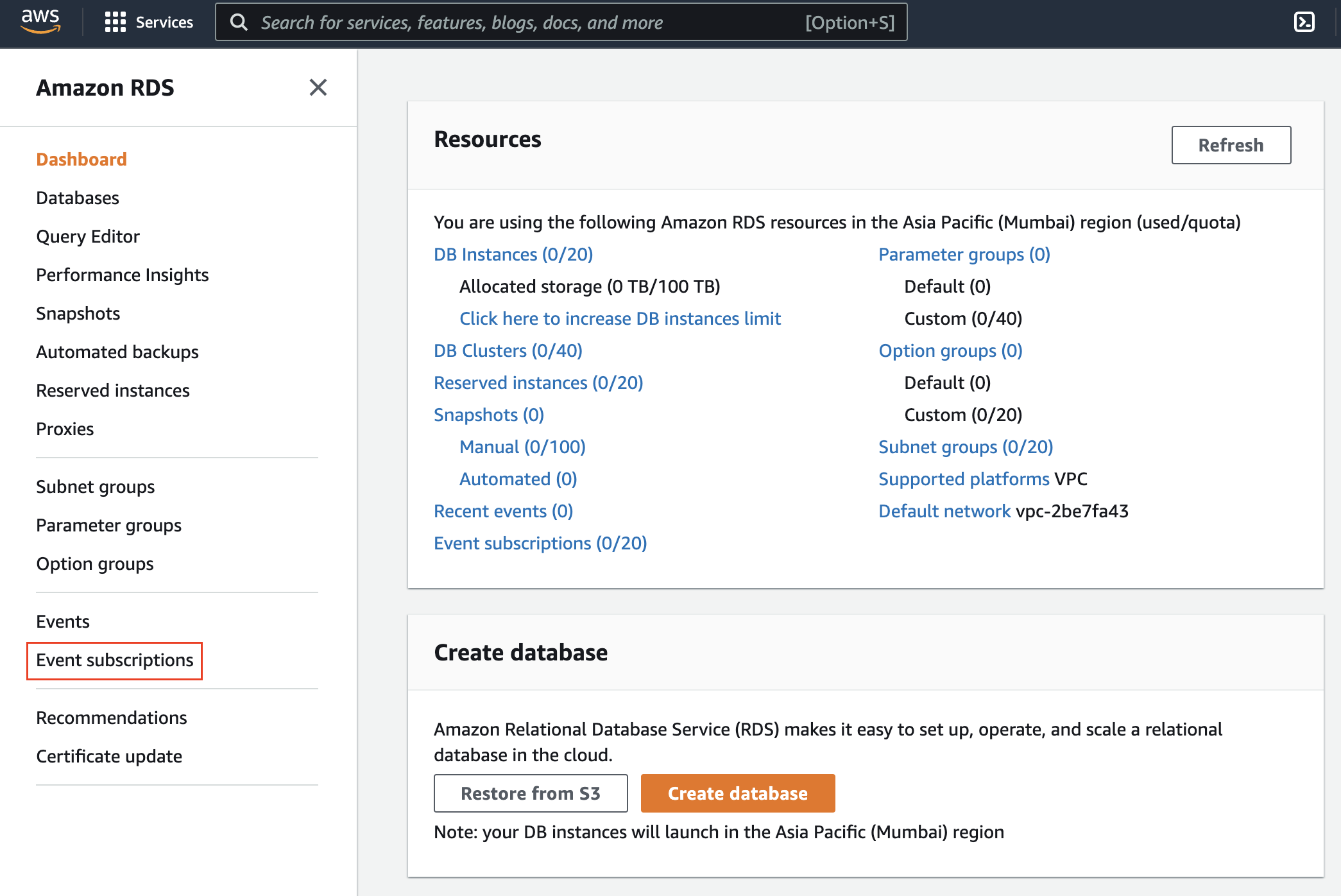 Configuring Amazon RDS in AWS: Access RDS dashboard and navigate to Event Subscriptions for configuration.