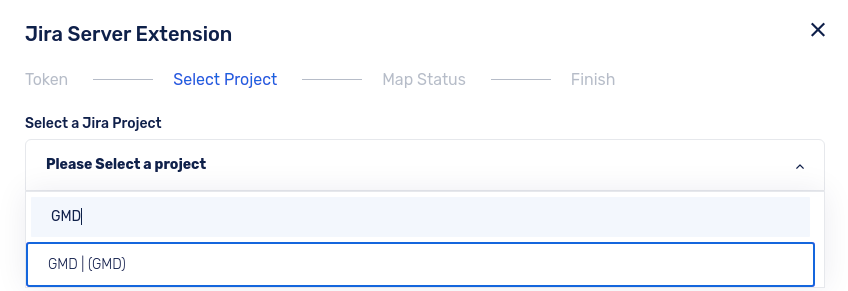 Select JIRA project in JIRA server integration -Step 1