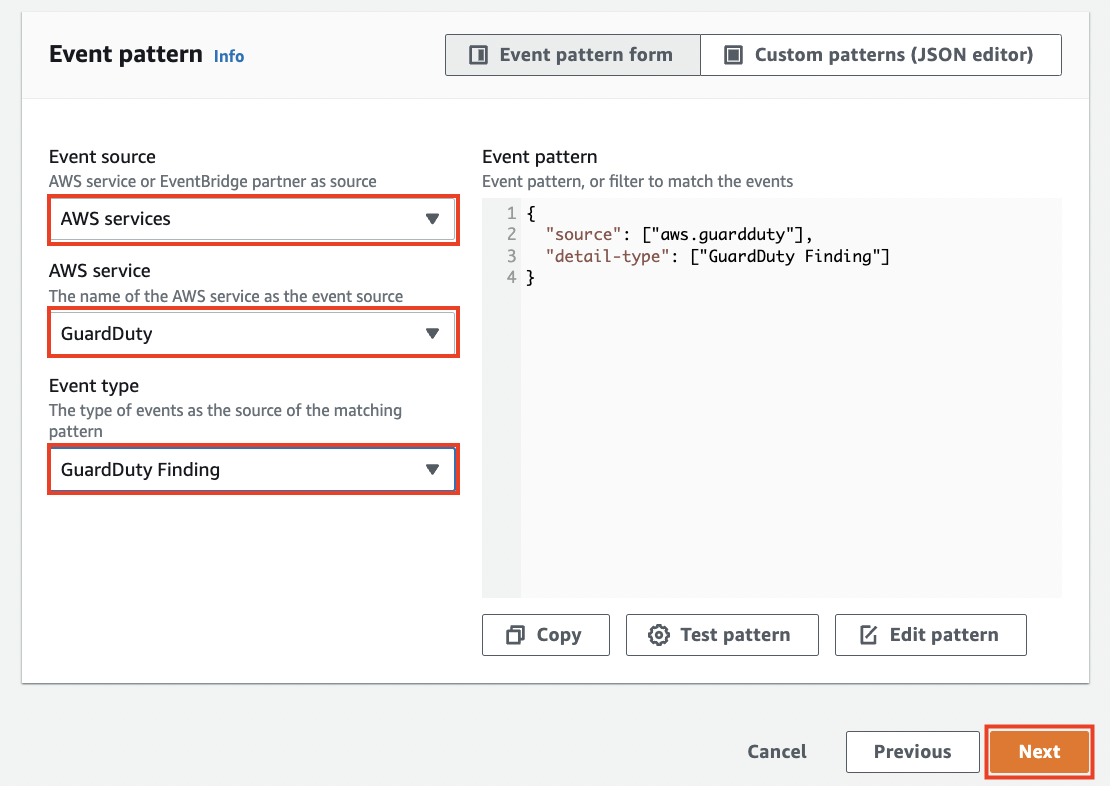 Event Pattern: Event source: AWS service, AWS service: GuardDuty Event type: GuardDuty finding