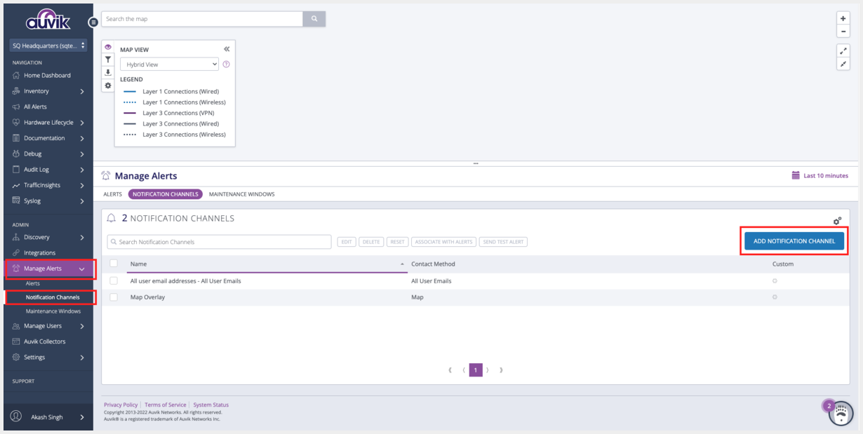Manage Alerts: Add Notification Channel in Auvik