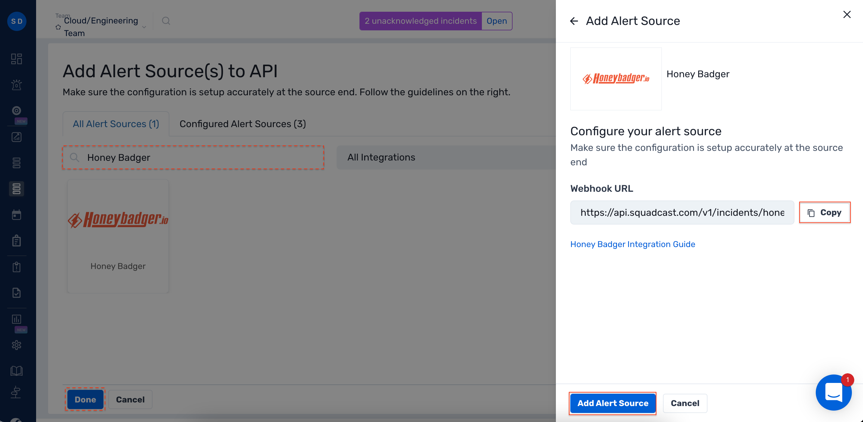 Steps to add Honeybadger integration to a service in Squadcast