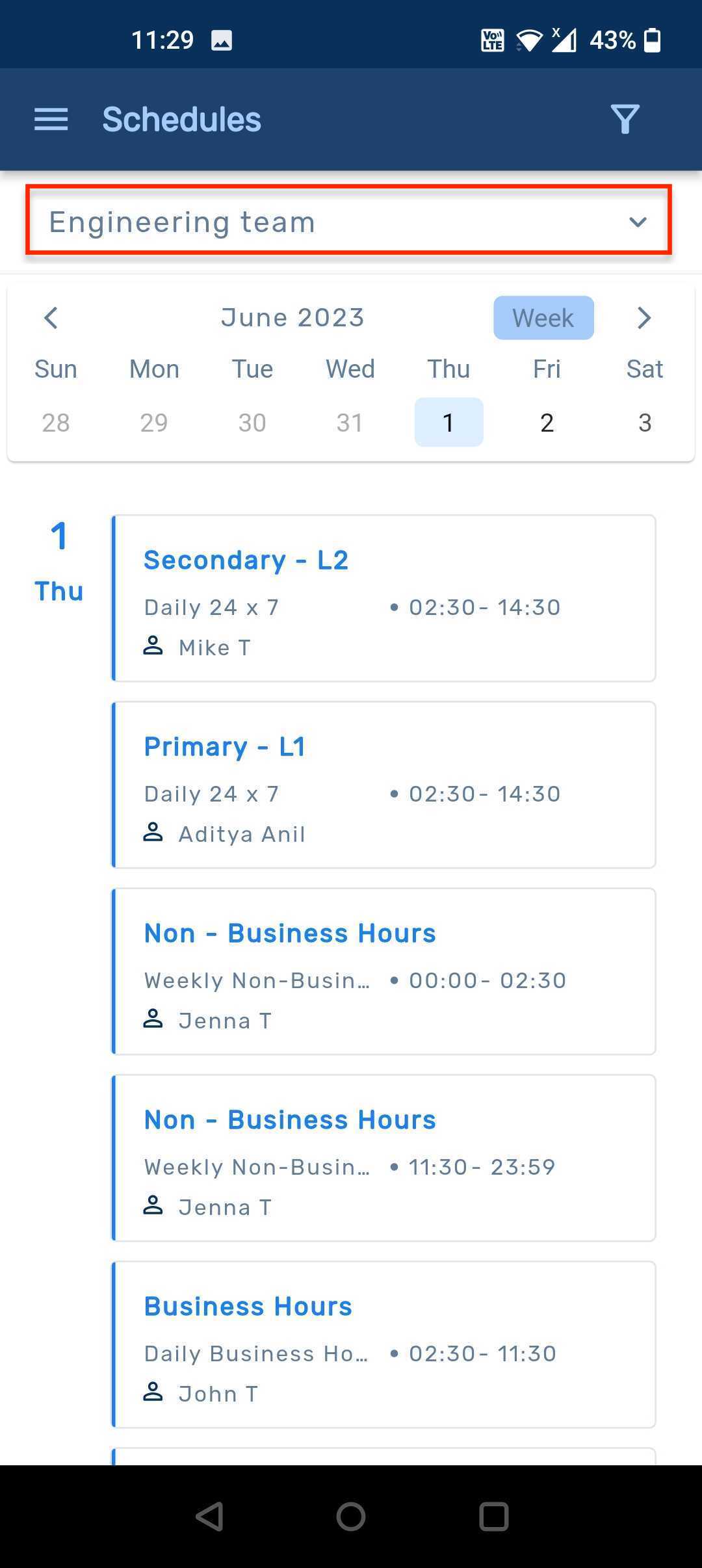 View On Call shifts for the selected team