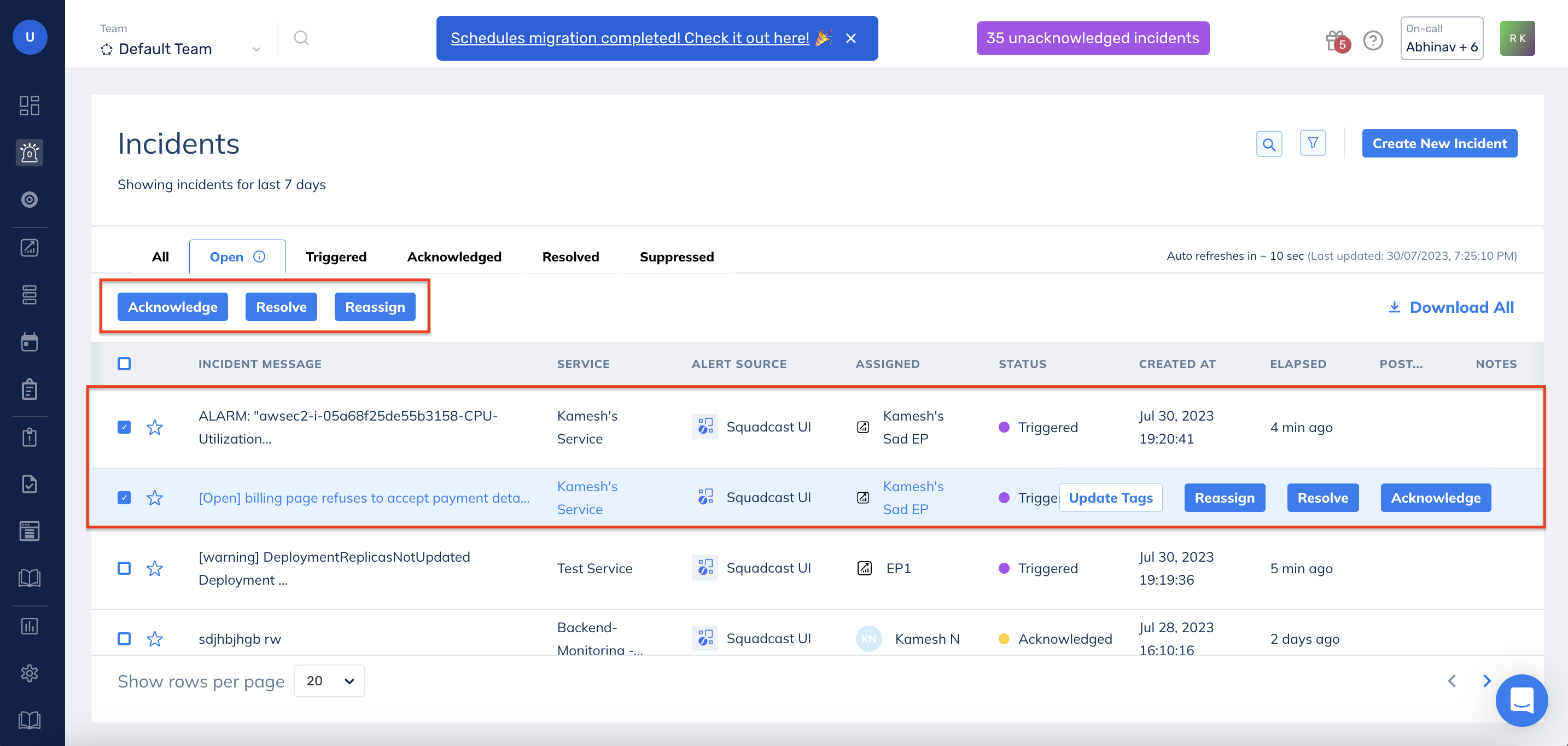 Perform Bulk Actions on Incidents in Squadcast for Incident Management