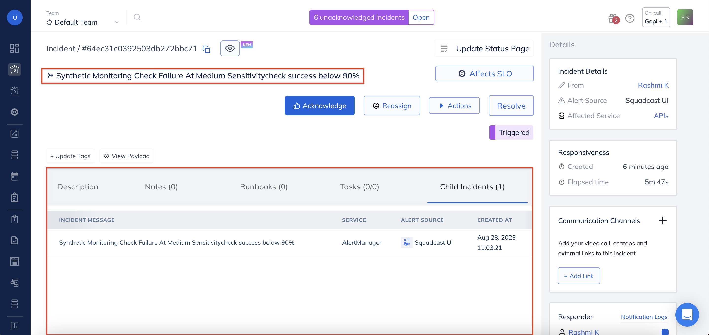Child Incidents section in Incident Details in Squadcast for Incident Management
