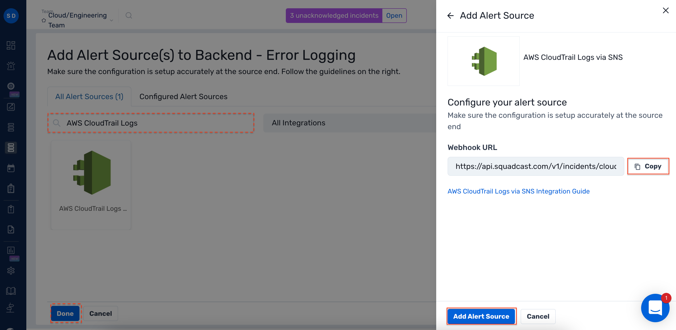 Steps to add AWS CloudTrail Logs integration to a service in Squadcast