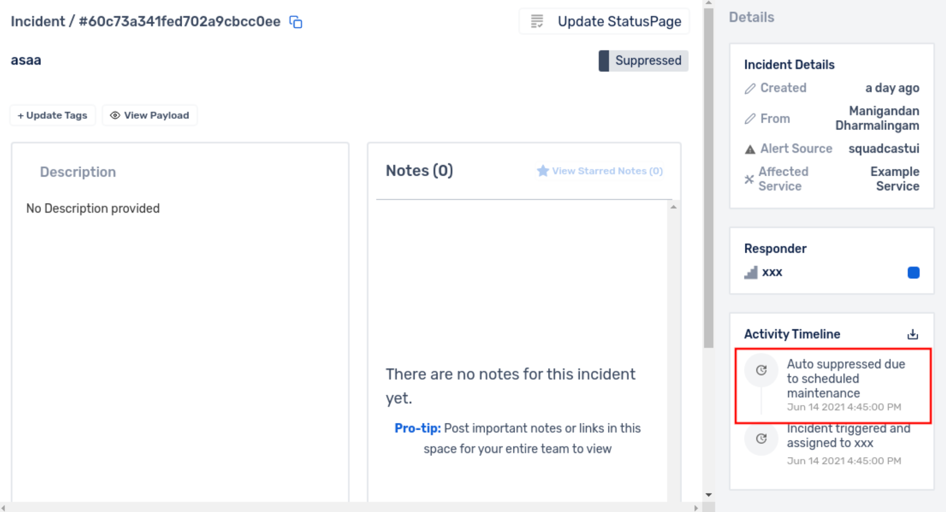 Suppression notification in the activity timeline in Squadcast