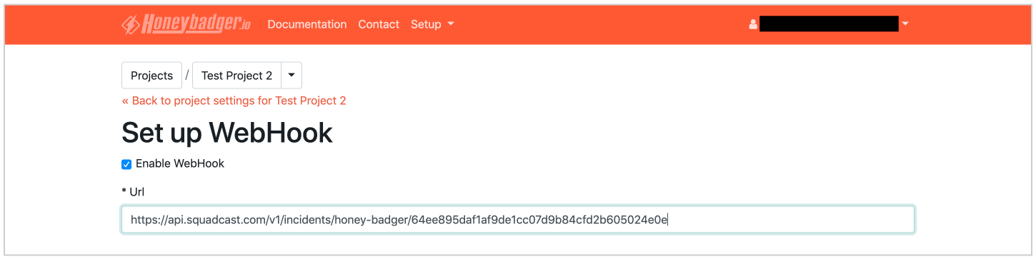 Set up to paste the Honeybadger Webhook URL copied from Squadcast