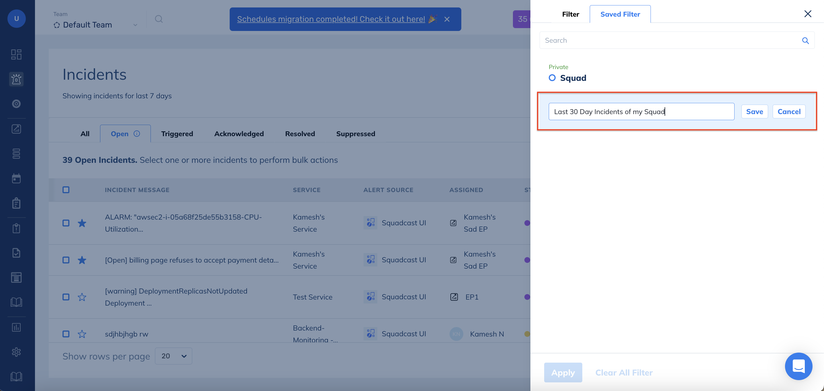 Rename Saved Filter name in Squadcast for Incident Management