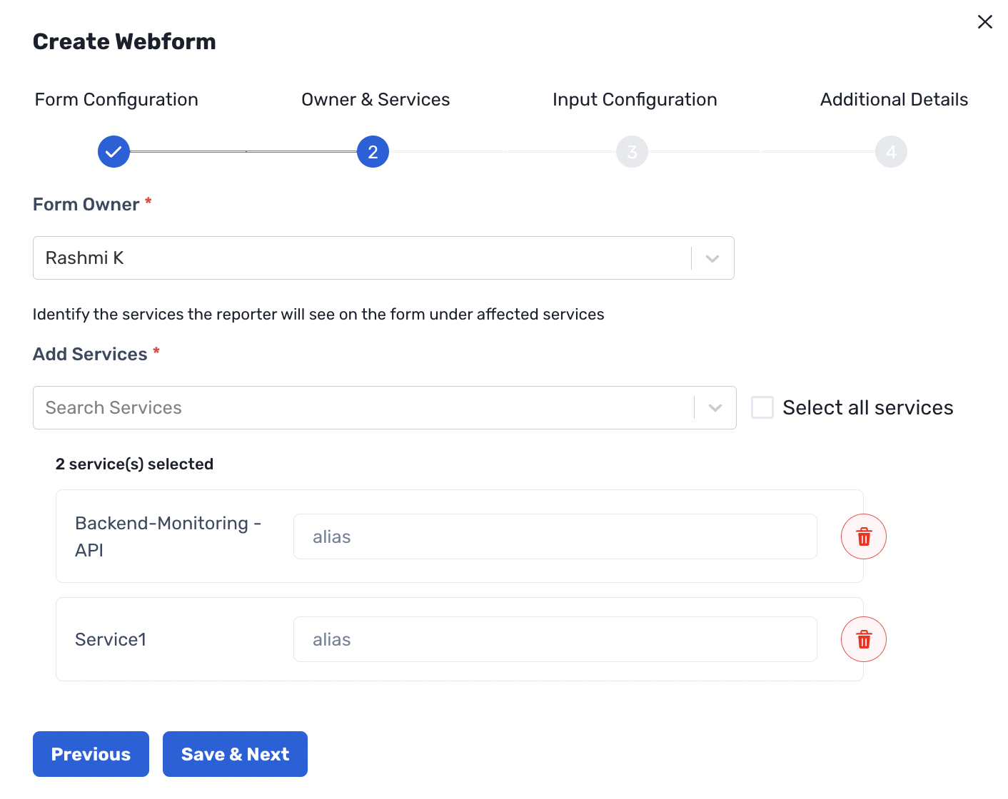 Define Owner and Services for Webforms