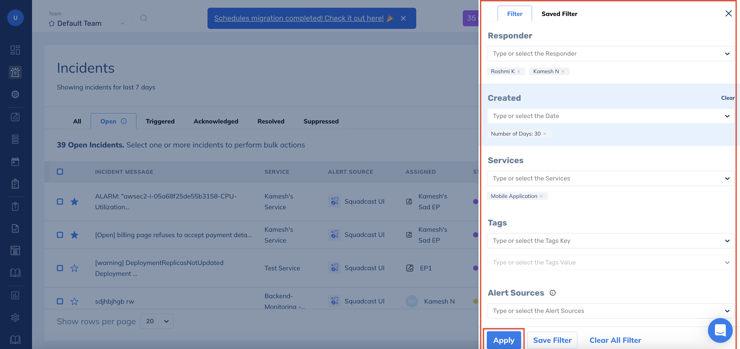 Add Filters in Squadcast for Incident Management